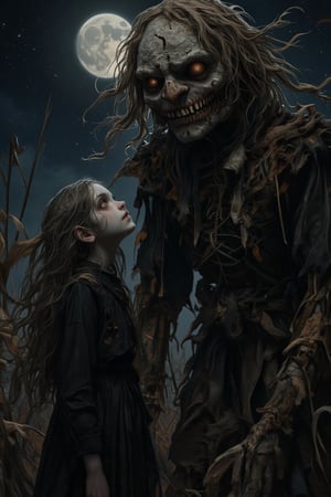 An eerie, moonlit scene of a girl with long, flowing hair and a tattered black dress standing by an old, decaying scarecrow. The scarecrow looms over her with a cracked, terrifying smile, its body sewn together from old clothes and dried corn husks. The girl gazes up at the scarecrow with hollow eyes, as if entranced. The night sky is full of stars, casting an ethereal glow over the unsettling scene.