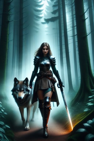 A brave girl in leather armor, holding a glowing sword, walks through a misty, enchanted forest, with a fierce, loyal wolf at her side.