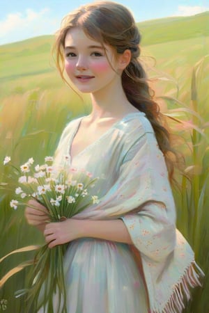 A girl with freckles, wearing a light, cotton dress, and a hand-knit shawl, standing in a meadow, surrounded by tall grass, and blooming flowers, her hands holding a small bouquet, her expression serene, and content, as a gentle breeze tousles her hair
