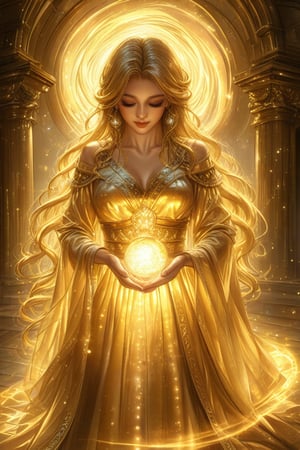 Prompt: In a warm, golden-lit chamber, a maiden with cascading locks of silky gold hair dons a radiant, iridescent robe that shimmers like the moon. Her upper torso glows softly, as if infused with an ethereal light, while she cradles a crystal orb in her hands. The orb's interior is a mesmerizing whirlpool of mystical energy, swirling with an otherworldly intensity, as the girl's gentle fingers seem to harness its power.,
