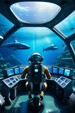 Prompt: Futuristic Submarine Pilot: The upper body of a futuristic submarine pilot, looking out from a transparent, high-tech cockpit, surrounded by the deep, blue ocean, with schools of exotic fish, and mysterious, underwater structures in the distance,
