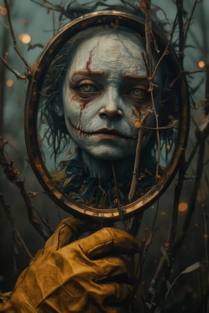 A striking photograph of a hand mirror, held by a yellow work glove's hand, reflecting a close-up of a scarecrow's face. The 
reflection captures the scarecrow's face in sharp detail, with the expression in the eyes being intense and introspective. 
The background is softly blurred with bokeh effects, drawing full attention to the reflection in the mirror and the hand holding 
it. The image is artistic and thought-provoking, inviting viewers to ponder the themes of identity, self-perception,