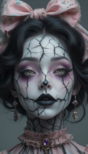 Create a close-up portrait of a woman with cracked doll-inspired Halloween makeup. Her face is painted with realistic black cracks, giving the appearance of shattered porcelain, with some sections of her skin colored in dark black as if hollow beneath. Her eyes have vibrant, purple contact lenses with thick, doll-like black eyeliner and exaggerated lower lashes, enhancing the eerie doll effect. Her lips are black with painted cracks extending outward, and she wears a large, pastel pink bow on her head and a delicate pink choker with a purple gem, adding a playful, vintage doll vibe. The background is a simple, neutral gray, emphasizing the striking details of her makeup