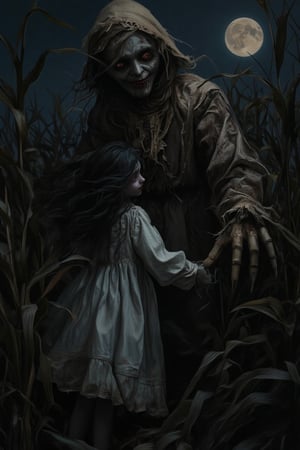 A girl with pale skin and dark, wind-blown hair wandering through a dense cornfield at night, illuminated only by the full moon. She stumbles upon a scarecrow with sharp, wooden fingers and a face that appears almost human, stitched together with burlap. The scarecrow leans toward her as if alive, while the cornstalks rustle in the wind, creating a feeling of something lurking nearby. The contrast of the girl’s delicate beauty and the horror of the scarecrow adds to the dark, cinematic thriller aesthetic.