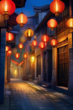 Prompt: A narrow street, filled with the soft, colorful glow of lanterns hanging from above, gently swaying in the breeze, casting intricate shadows on the ground, with old, wooden doors lining the street, each with a unique, beautifully carved design, creating an atmosphere of timeless, quiet beauty,
