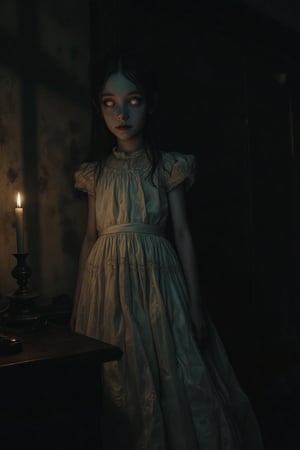 A dimly lit room with a single flickering candle, casting long shadows on the walls. A young girl in a flowing, old-fashioned white dress stands motionless, her face partially obscured in darkness. The candlelight dances eerily on her pale skin, and her eyes seem to glow faintly with an unsettling, otherworldly stare. The room feels haunted, filled with a chilling presence, as if something sinister is just out of sight