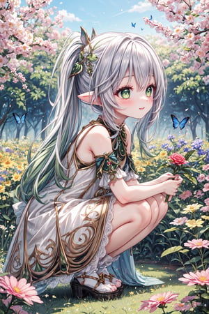 masterpiece, light details, high_resolution, ultra-detailed, best quality, high detail eyes, nahidarnd, loli, small_body, green eyes, field, flowers, side view, full_body, is crouching in a field, gazing joyfully at the beautiful flowers surrounding her. Her face reflects immense happiness, marveling at the beauty of the flowers. Butterflies flutter around her, adding a touch of magic and delicacy to the scene.