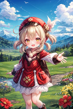 ultra-detailed, loli, masterpiece, light details, high_resolution ,kleedef, yellow eyes, captured in mid-jump, with a radiant expression of happiness on her face. Her eyes sparkle with joy and her cheeks are slightly flushed, conveying pure emotion. Her hands are outstretched to the sides.

The landscape behind her is a lush green meadow, dotted with vibrantly colored flowers that seem to dance in the wind. In the distance, majestic mountains can be seen, partly covered by fluffy white clouds. The sky is a clear blue, with a few birds flying freely, complementing the sense of freedom and joy that Klee exudes. The sunlight illuminates the scene, creating a warm and welcoming atmosphere, enhancing the liveliness of the moment.