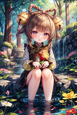 ultra-detailed, loli, masterpiece, light details, high_resolution, yaoyaornd, Yaoyao is crouching with both feet together, her small hands resting on her knees as she gazes intently at a group of flowers. Her expression is one of pure happiness, reflecting her joy and curiosity about the nature around her. Her large eyes sparkle with fascination as she admires the vibrant colors and delicate shapes of the petals. The scene captures a moment of innocence and wonder, where Yaoyao is immersed in the beauty and wonder of the floral world.