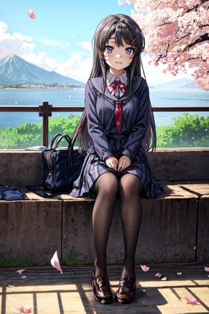 ph mai, On a quiet afternoon, in a school setting steeped in realism, an exceptionally cheerful and beautiful Mai Sakurajima, dressed in her school uniform, smiles tenderly. Under the soft natural light, the image's high resolution captures every detail, from her expression to the cherry blossoms delicately falling around her. The composition, in a magnificent wide shot, reveals mai sakurajima's full body and the petals falling around her.