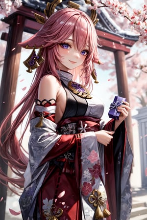 masterpiece, light details, high_resolution, ultra-detailed, best quality, incredibly absurdres, high detail eyes, happy birtday, yaemikodef,
is standing in front of a majestic cherry tree in the shrine of the micos. Her face lights up with a smile as she holds a gift in both hands in honor of her birthday. Cherry petals fall around her, adding an ethereal beauty to the scene.