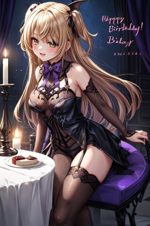 fischldef, happy birthday, in a room decorated in a gothic style. The walls are adorned with black curtains and purple wax candles that cast a dim and mysterious light.  In the center of a table decorated with black lace and purple accents sits a stunning birthday cake. The cake is black, with intricate purple decorations.