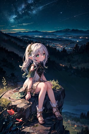 nahidarnd, sitting on a rock atop a hill, a surprised expression on her face as she looks up, admiring the vast celestial vault. The night is clear and starry, with bright constellations dotting the dark sky. The silvery moonlight softly illuminates the surrounding landscape, revealing the silhouette of trees and mountains in the distance. Nahida seems completely absorbed in the beauty of the starry night, captured in a moment of awe and contemplation.