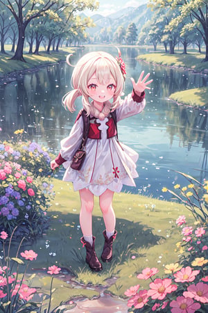 ultra-detailed, masterpiece, high_resolution, field, lake a few meters away, flowers, full_body, standing, 8K, 4K, kleedef, loli, small_body.

She is standing on the ground in a beautiful field, surrounded by colorful flowers that adorn the landscape. A few meters away from her, a lake reflects the sunlight, adding a bright and serene touch to the scene. Klee is waving happily at the camera, showing her teeth in a radiant smile. The scene is tender and charming, capturing the playful and joyful essence of Klee in the midst of nature.