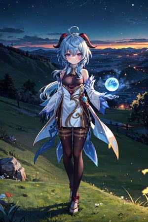 ganyurnd, with a serene expression on his face as he smiles softly. With both hands she levitates a magical sphere of glowing ice, which emits bluish sparkles. Her posture conveys confidence and grace. she is standing on a hilltop on a calm night, the grassy lawn lends a beautiful scenery to the scene.