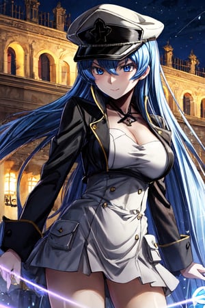 esdeath, icemagic, spell, coliseum, light details, high_resolution, masterpiece, >:), night, hat