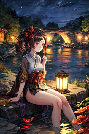chiori, it is night time, the light of the lamps illuminate chiori's night, she is contemplating the river in a serene way on a stone bridge, around the river there are many flowers giving life to the environment.