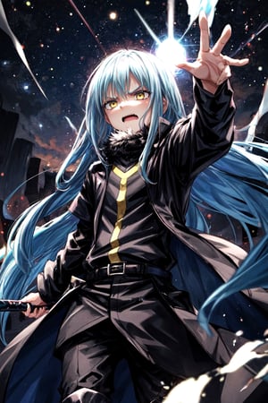  lrd1, Dark Lord Rimuru idk, he is in the starlit sky looking down with an angry expression, he raises his hand to send out an attack of blue magic threads, high resolution