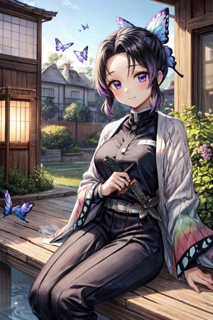 kochou shinobu, purple butterflies around, flowers, courtyard, wooden fences, masterpiece, ultra details, day, flowers, :), sitting