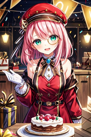 charlotte, best quality, masterpiece, high res, original, beautiful detailed eyes, ultra-detailed, 1girl, charlotte, hat, medium_hair, monocle, pink_hair, solo, green_eyes, gloves, red_jacket, long_sleeves, off_shoulder, shirt,
birthday party, with an expression of surprise and genuine joy plastered on her face. Her eyes are wide open, reflecting amazement as she gazes at the festive decorations. Confetti and decorative balloons fill the air, creating a festive and colorful atmosphere. Behind her, elegantly wrapped gifts and a table adorned with a delicious birthday cake can be seen, with glowing candles ready to be blown out. The image conveys Charlotte's excitement and gratitude at being celebrated by her loved ones on this special day.