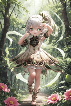 full_body, ultra-detailed, masterpiece, loli, floating the air, :), high detailed, high_resolution, best quality, nahidarnd, ;), finger frame, incredibly absurdres, forest, flowers, trees, light filtering, elemental magic dendro, green magic