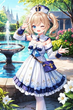 ultra-detailed, masterpiece, high_resolution, best quality, barbaradef, one eye closed, happy birthday, blue eyes.

Is standing greeting the viewer with an open smile and a closed eye, showing her joy for her birthday. She stands a few feet away from a fountain with flowing water, surrounded by flowers and bushes adorning the happy surroundings. With one foot half raised, she makes a waving gesture with her fingers, radiating happiness on her big day.