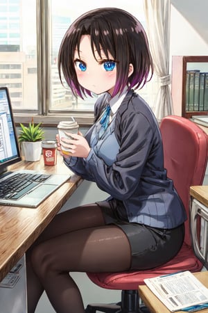 elma joui, officelady, drinking coffee, computer, tasking, sitting, office, high_resolution, masterpiece  