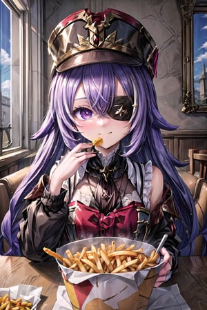 chevreuse, day, masterpiece, high_resolution, eye patch, hat, :), eating, nuggets, French fries,perfect, eyepatch