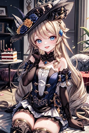 masterpiece, light details, high_resolution, ultra-detailed, best quality, high detail eyes, 1girl navia, black headwear hat flower hat feather black thighhighs black gloves boots, happy, smile, happy birthday, standing_up, hands in cheeks, cake, birthday cake, room, indoors, sitting, cute