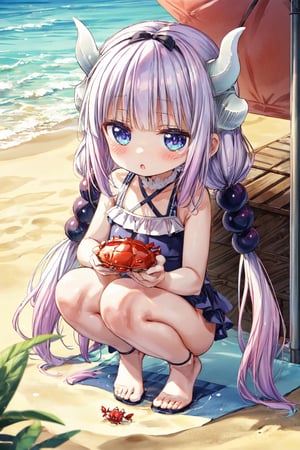 Kanna Kamui, horns, child, bathing suit, holding crab, sand, :o, loli, squatting, beach, full_body, high_resolution, masterpiece, look crab