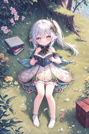 ultra-detailed, masterpiece, high_resolution, fine details, standing, loli, small_body, nahidadef, flat_chest, full_body, flowers, greenery, outdoors, full body, lying on grass, :), holding book, reading, stack of books, light details, 

