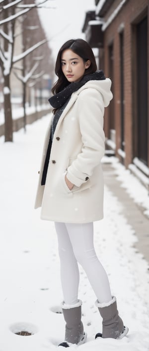 masterpiece, high detailed, photo-realistic,
1 asian girl, pale white skin, hourglass body shape, short body and long legs, cameltoe,
((coat: 1.2)), ((leggings: 1.2)), snow boots, scarf,
((blurred snowy street background)),