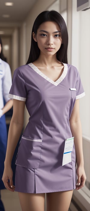 masterpiece, high detailed, photo-realistic,
1 asian girl, nurse, hourglass body shape,
((nurse uniform: 1.2)), wearing scrubs,
((blurred hospital background)),