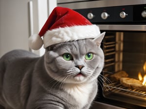 detailed close up photo of a happy santa claus british shorthair with green eyes near a warm oven,