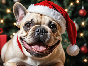 detailed close up photo of a happy santa claus french bulldog near a chrismas tree