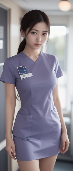 masterpiece, high detailed, photo-realistic,
1 asian girl, nurse, hourglass body shape,
((nurse uniform: 1.2)), wearing scrubs,
((blurred hospital background)),