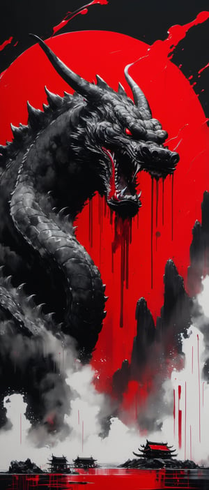 Masterpiece, 8k, dripping paint, chinese ink drawing, Godzilla, bloody, 1000 yard stare, 1080P, under moon