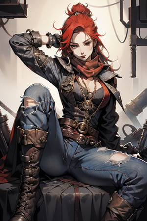 Digital painting of a girl, boots encasing her feet, red headscarf wrapped around her head, Black hair under her red headscarf, Steampunk style attire, golden-buckled belt cinching her waist, A hammer in one hand, a tattoo adorning her leg, Steampunk styled belt and Steampunk goggles on her head, striped T-shirt tucked into ripped jeans, seating against a nondescript backdrop, employing dynamic pose, sharp focus on her tattooed leg, detailed texture on the headscarf and boots, natural,nodf_lora,holding sword