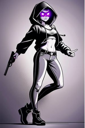 Full body portrait of Mysterious scene capturing an Irish lady gripping a revolver with a paranoid expression, freckles covering her pretty face, shadows playing across her face, emphasis on the tension in her posture, wearing a hoodie, toned abdomen, athletic body type, textured backdrop casting doubt and intrigue, contrasting lighting highlighting the steely determination in her eyes and the gleam of the handgun, evoking a noir aesthetic, digital painting, dramatic lighting, ultra realistic., Mysterious