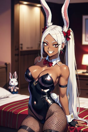 (masterpiece), best quality, (((ultra detailed, 8k quality))), expressive eyes, perfect face, perfect anatomy, perfect body, scene, 
indoor, bedroom, arms crossed, grin, sit
,  ((Dark skin:1.3)), black pantyhose, fishnets, fishnet pantyhose, fishnet legwear, bowtie, rabbit ears, red bow, black leotard, wrist cuffs, strapless, detached collar, ((Bunny ears1.2)),  playboy bunny, red bowtie, leotard, strapless leotard, black elbow gloves, upper body, smile, MIRKO from MY HERO ACADEMIA, long hair, ((White  hair)), Straight hair, red eyes, 1girl, earrings, piercing, jewelry