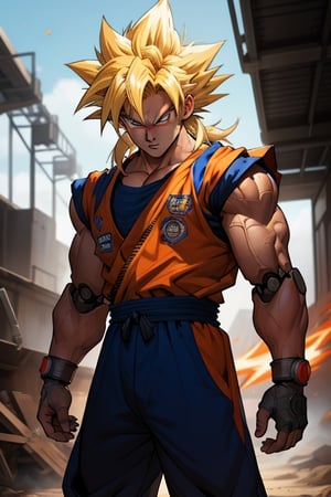 Cyborg goku, Goku part robot, super Saiyan 3, extra long blonde sport hair, no eyebrows, intricate machinery, masterpiece, maxres, best art, best quality,