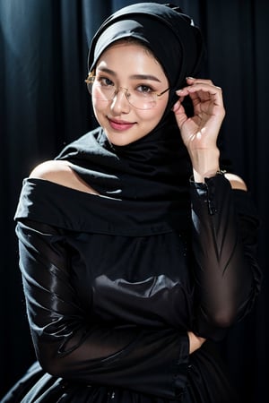 masterpiece, best quality, photorealistic, raw photo, 1girl, glasses, long hair, daily outfit, light smile, detailed skin, pore, off_shoulder, low key, black_background,hijab