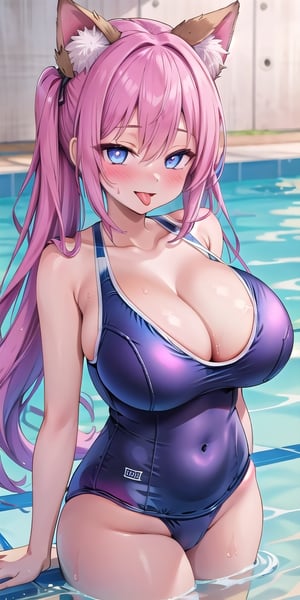 1girl,pink hair ,fairy ears,two sides up,blue eyes long hair,best_quality,animal ears ,highres,looking at viewer, extremely_detailed,perfect detailed, 8k, masterpiece,manicia,,l  ,cowboy shot,,sensual face ,,smile,blush,
huge breast,detail eyes,standing ahegao,tongue,swim suit,school swimsuit ,