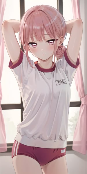 1girl,,best_quality,very close ,highres,looking at viewer,extremely_detailed,perfect detailed, 8k, masterpiece,manicia,cowboy shot,

pink hair,pink eyes,arms behind head,heart,love, short hair, double bun, pink hair, solo,  gym uniform