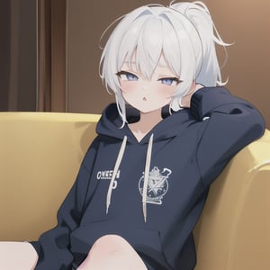 1girl,,best_quality, ,highres,looking at viewer, extremely_detailed,perfect detailed, 8k, masterpiece,manicia,cowboy shot,sofa,sitting,
cartoon,cute,avatar icon,upper body,close view,easy background , expression 

white hair,hoodie,ponytail,sunglasses,