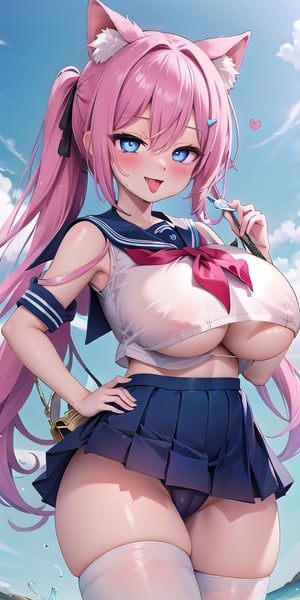 1girl,pink hair ,fairy ears,two sides up,blue eyes long hair,best_quality,animal ears ,highres,looking at viewer, extremely_detailed,perfect detailed, 8k, masterpiece,manicia,,l  ,cowboy shot,,sensual face ,,smile,blush,
huge breast,detail eyes,standing ahegao,tongue,sailor uniform,sailor suit,camel toe,under boobs