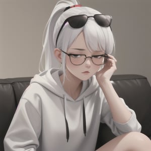 1girl,,best_quality, ,highres,looking at viewer, extremely_detailed,perfect detailed, 8k, masterpiece,manicia,cowboy shot,sofa,sitting,
cartoon,cute,avatar icon,upper body,close view,easy background , expression 

white hair,hoodie,ponytail,sunglasses,