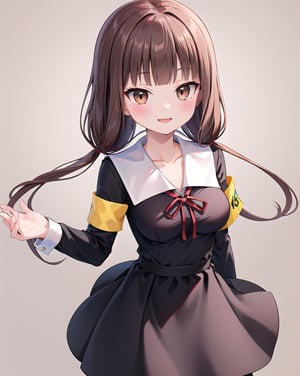 masterpiece,brown eyes, best quality, highres, 1girl, solo,

iino_miko, long hair, twintails, low twintails, blunt bangs, dress, collarbone, black dress, school uniform, shuuchiin academy school uniform, long sleeves, armband, medium breasts, ribbon, red ribbon, neck ribbon,smile