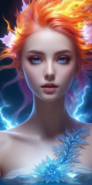 (masterpiece, top quality, best quality, official art, beautiful and aesthetic:1.2), (1girl), extreme detailed,(abstract, fractal art:1.3),colorful hair,highest detailed, detailed_eyes, fire, water,flower, ice, lightning, light_particles, ghost,more detail XL, upper body,flat chested,1girl