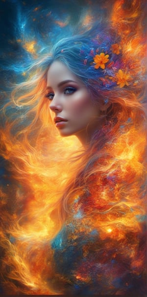 (masterpiece, top quality, best quality, official art, beautiful and aesthetic:1.2), (1girl), extreme detailed,(abstract, fractal art:1.3),colorful hair,highest detailed, detailed_eyes, fire, water,flower, ice, lightning, light_particles, ghost,more detail XL, upper body,flat chested,1girl,ink 
